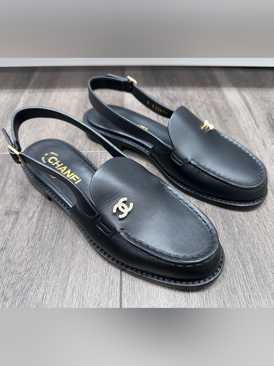 CHANEL Shoes - $1.6K 2026 CHANEL BLACK LEATHER LOAFERS SLINGBACK SHOES GOLD STRASS CC LOGO 38